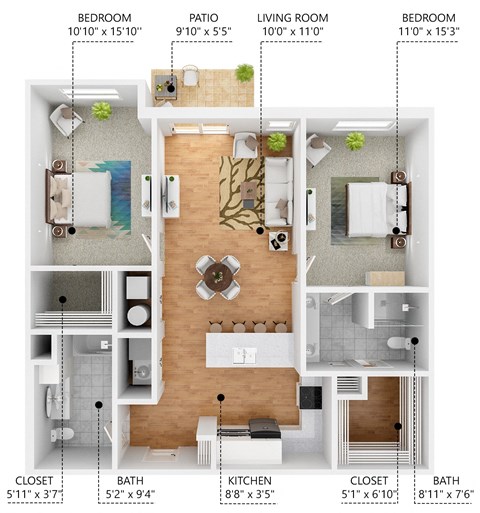 Floor plan for 2 beds, 2 baths, 1197 sqft